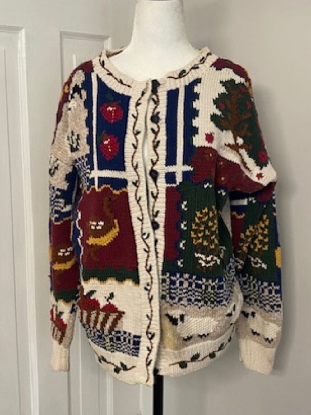 Vintage Hand Knit Cardigan Farm Cotton Lady Footlocker S Sheep Apples!
